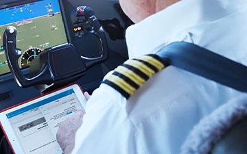 Pilot in uniform sitting in a plane's cockpit, holding a tablet showing Viasat document management software